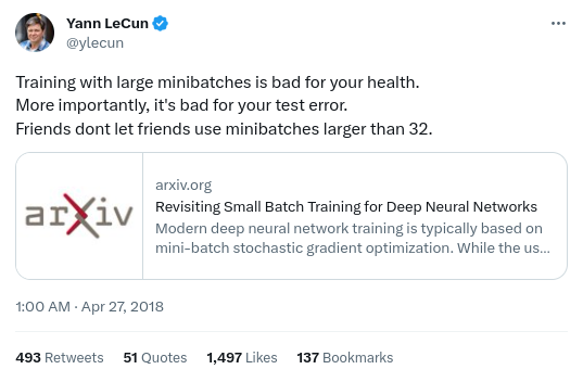 Screenshot of a tweet by Yann LeCun: Training with large minibatches is bad for your health.